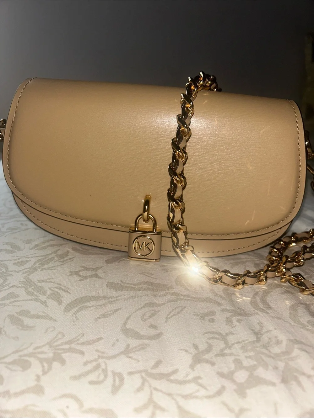 Michael Kors Beige Leather Crossbody with Gold Chain